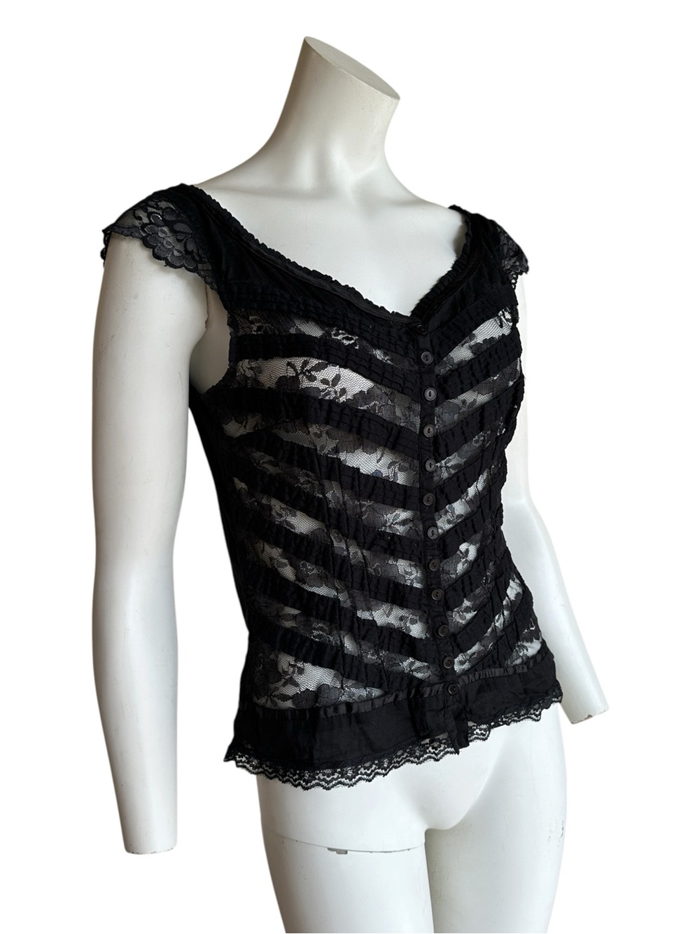 Vintage Y2K black milkmaid lace ruffle trim top